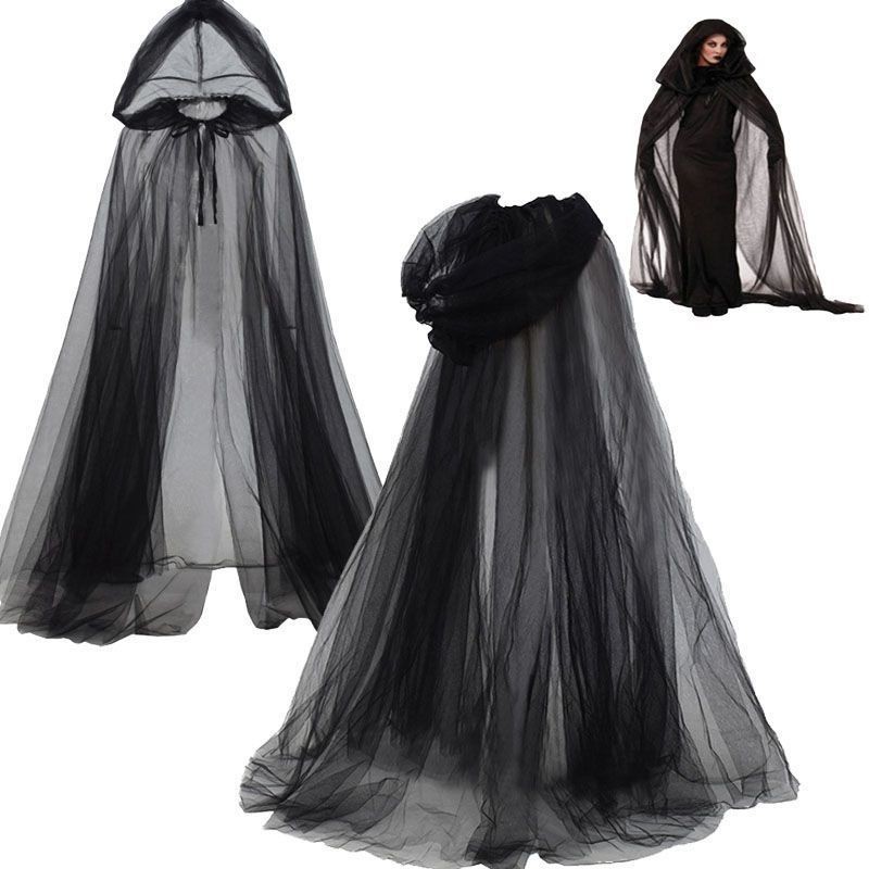 Halloween Cosplay Ghost Costume with Hooded Cape Witch Mesh Long Cloak